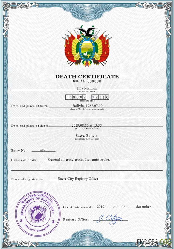 Modèle PSD de certificat de décès en Bolivie